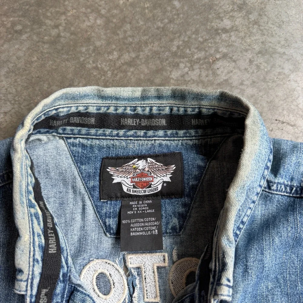 Harley Davidson Embroidered Motorcycle Denim Vest Button Front Mens L Sleeveless